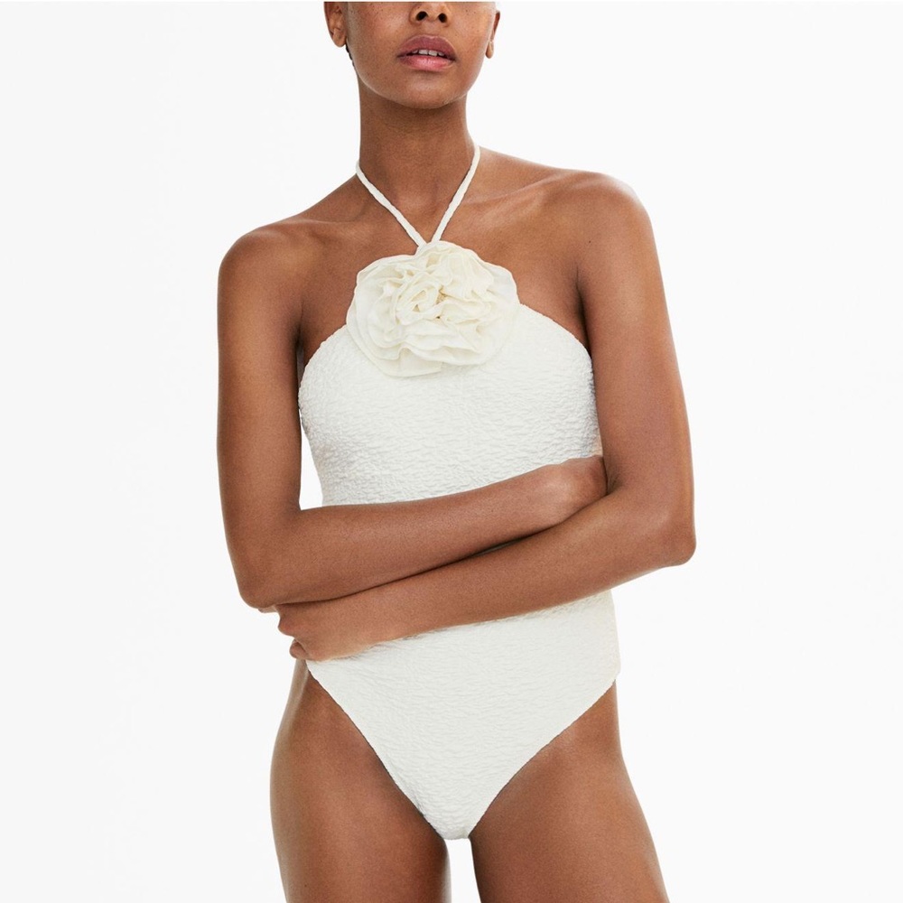 Mango Textured One Piece Swimsuit Off White With Rosette Flower